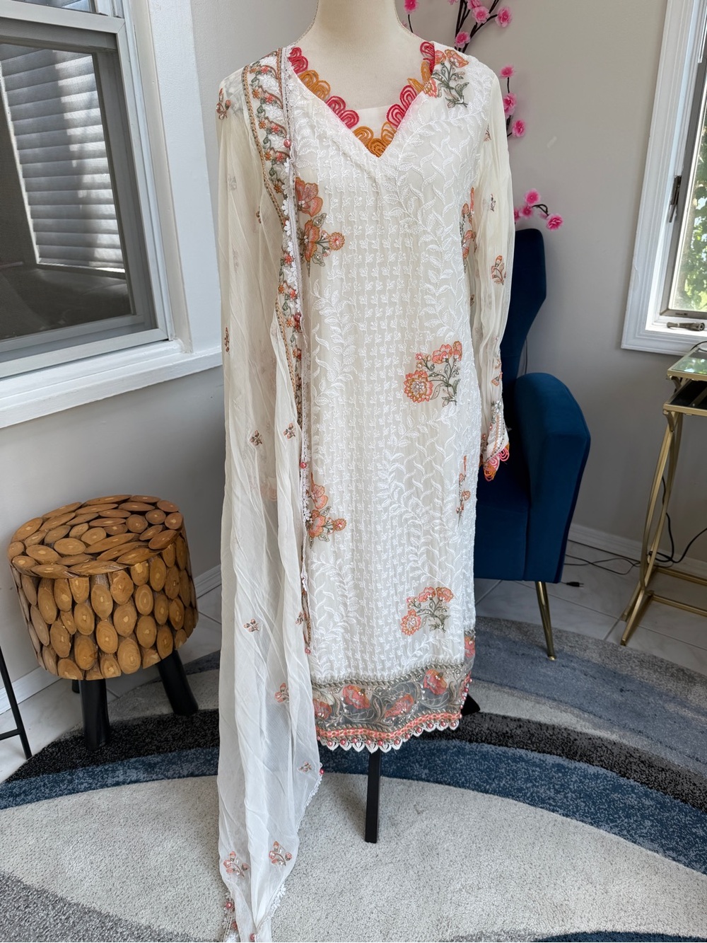 White Embroidered Floral V-Neck Women's Dress